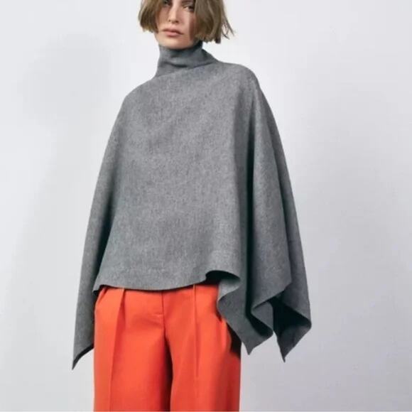 Zara Jackets & Blazers - NWT ZARA MANTECO Wool Blend Oversized Cape Grey High Neck Poncho Coat Wrap M